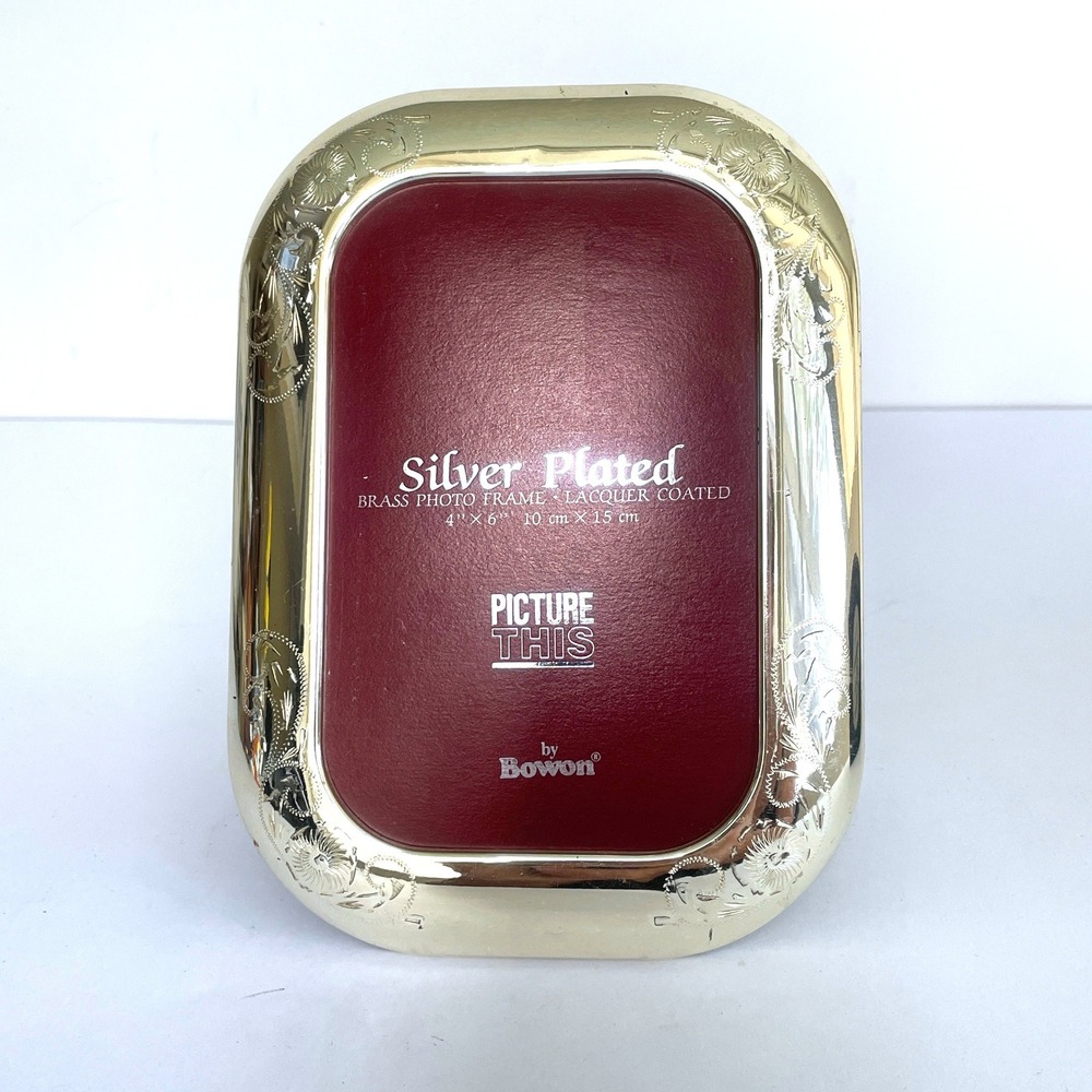 vintage Bowon Silver Plated Brass Photo Frame 4x6 Etched Floral Scroll Tabletop
